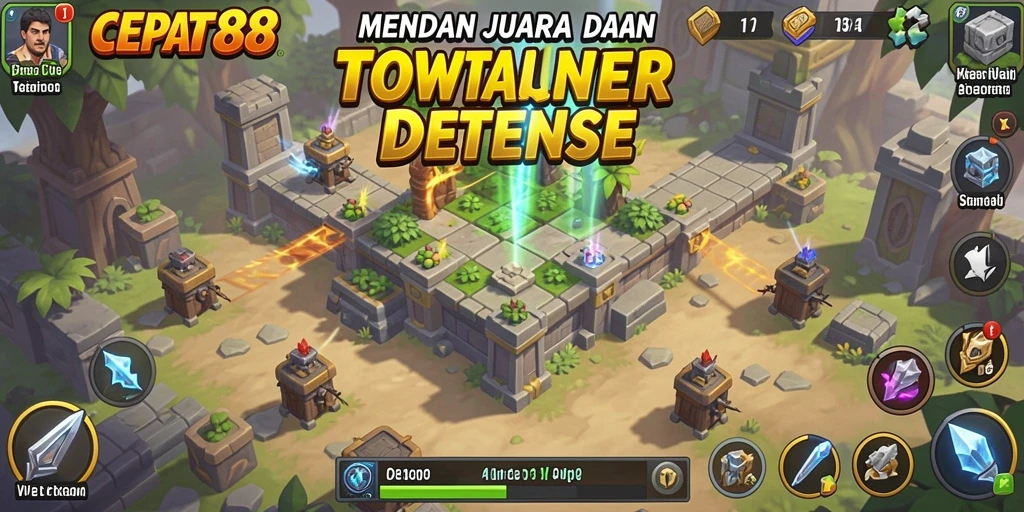 Screenshot utama CEPAT88 menampilkan aksi menara bertahan melawan musuh.