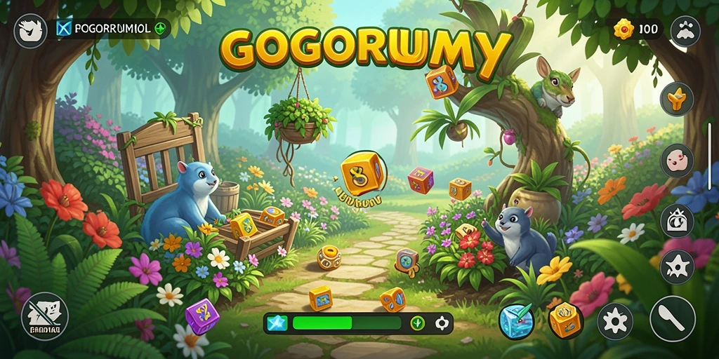 Tampilan gameplay seru GOGORUMMY dengan kebun yang indah.